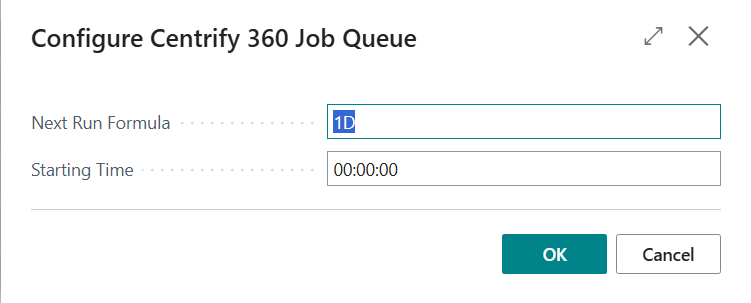Job Queue Setup configuration dialog showing Next Run Formula and Starting Time fields