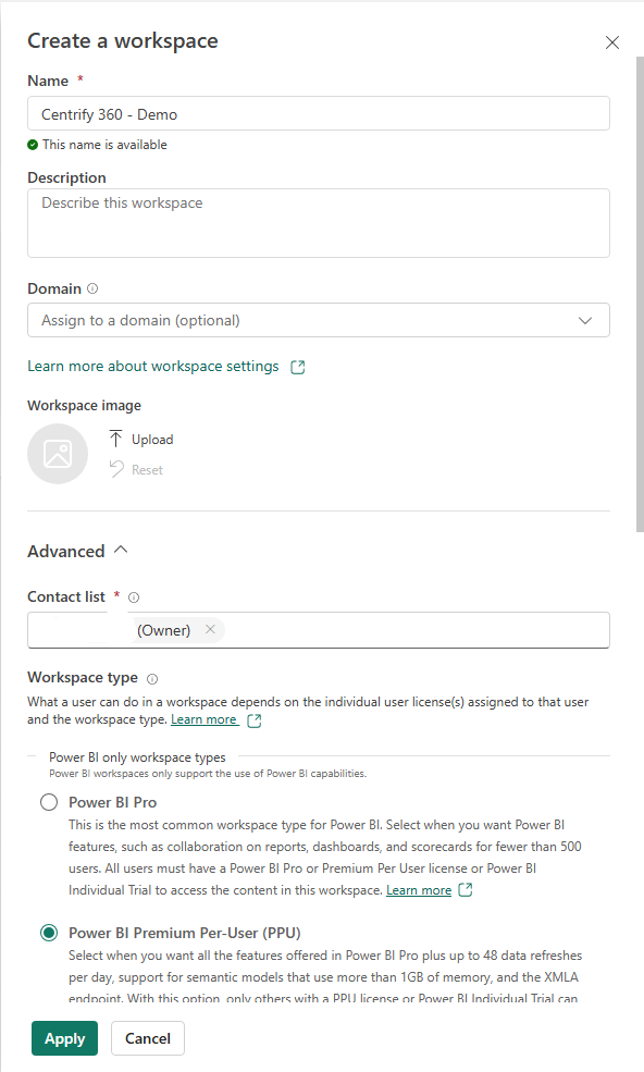 Power BI Online - Create Workspace