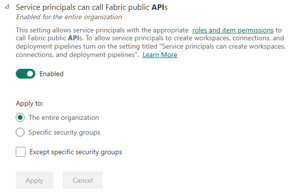 Power BI Admin Portal - Allow Service Principal API Access